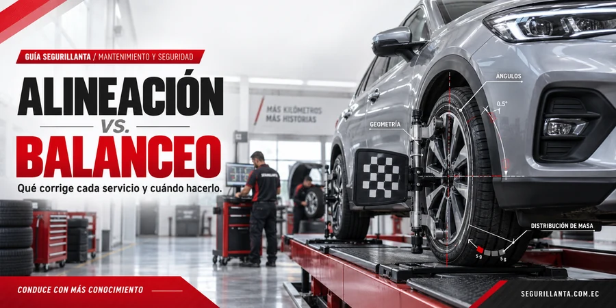 Ilustración editorial que compara alineación y balanceo de las ruedas de un vehículo